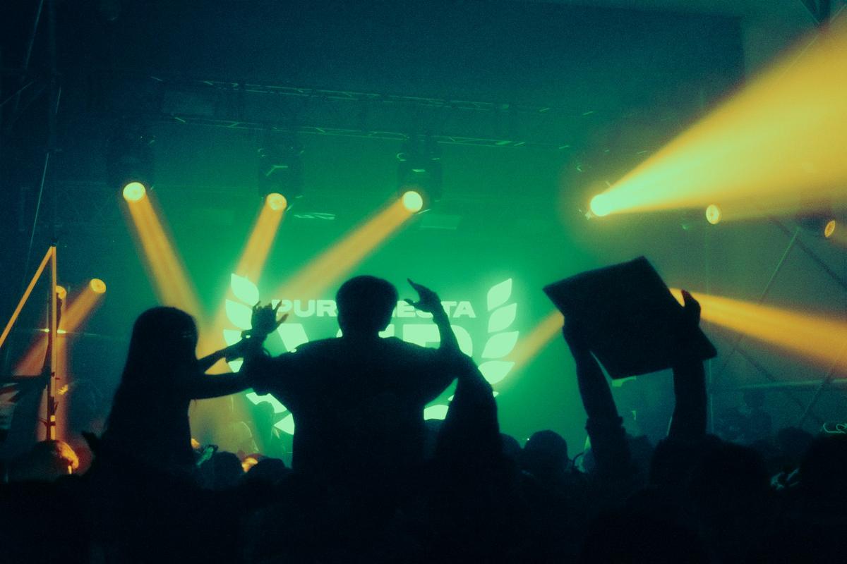 Crowd at a concert under stage lights
